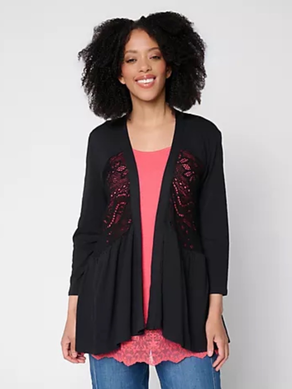LOGO by Lori Goldstein Mixed Media Cotton and Lace Cardigan, Black Sz M a722024